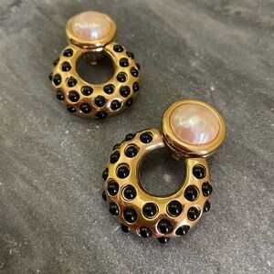 Vintage Givenchy Gold Faux Pearl Black Onyx Door Knocker Clip On Earrings